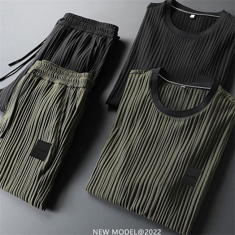 Summer Large Size Casual Stretchy Pleats Shirt and Trousers 2 Pcs Tracksuit