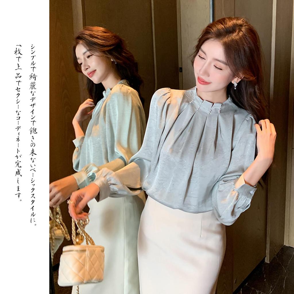 Рубашка с длинным рукавом, корейская, с жемчугом и оборками, больших размеров, идеально подходит для повседневной носки и зимы [CCGGOWMM] Высококачественная женская блузка, топ, воротник-стойка,