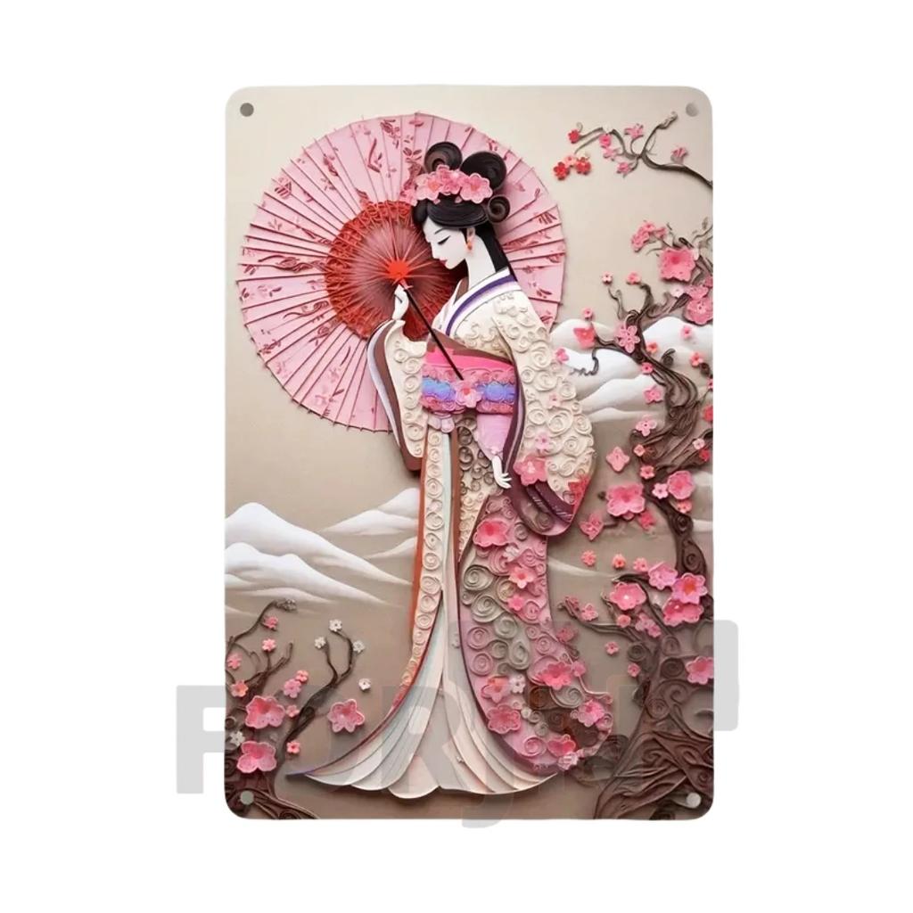 D Japanese Art Poster Kimono Cherry Blossoms elegant Retro Geisha Metal SignHomeRoomOfficeIzakayacafeStudio Wall Decor