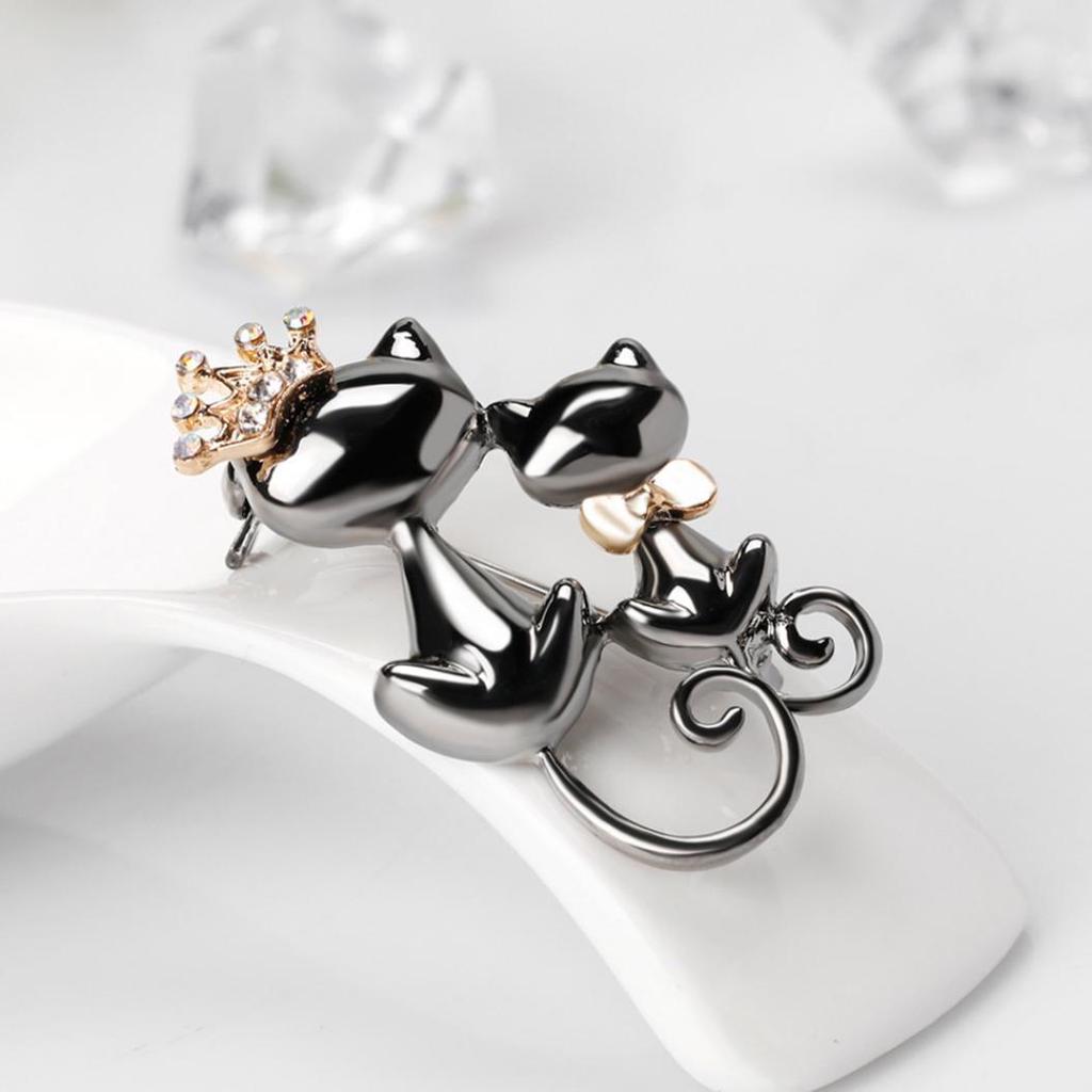 Fashion Jewelry Shiny Rhinestone Cute Double Cats Kitten Crown Brooch Pin Gift ARI