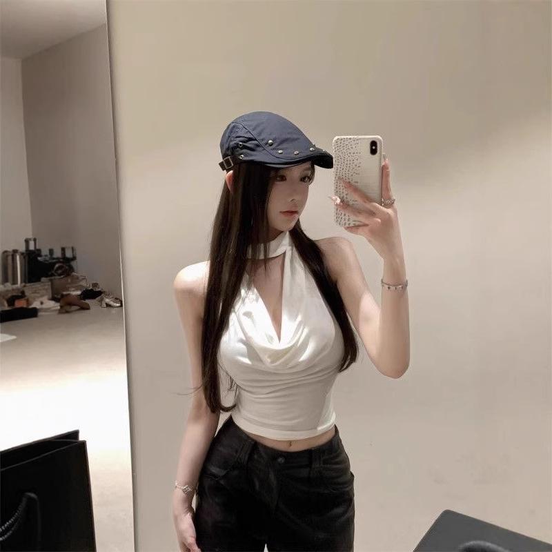 Хаки Топ-майка с открытой спиной, драпированным вырезом и завязками на шее - Женский летний топ без рукавов