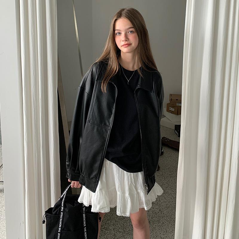 Vintage PU Leather Clothing New Korean Version Texture Loose Casual Handsome Motorcycle Jacket Women Cool Waterproof Soft Faux Leather Jackets