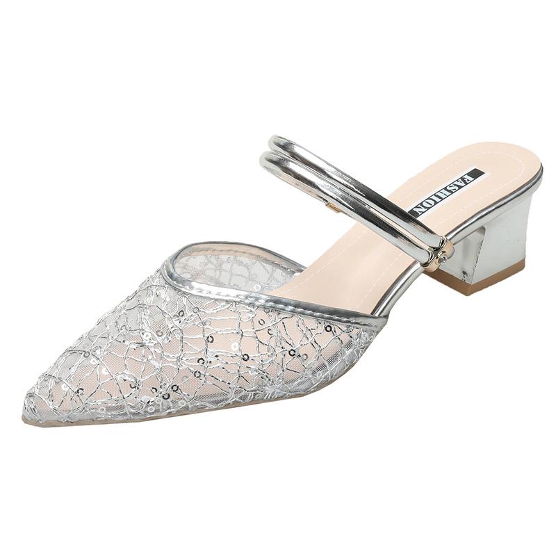 Шлепанцы большого размера женские 2025 лето новая мода полые высокий каблук острый носок сумка голова два способа носки женские крутые шлепанцы