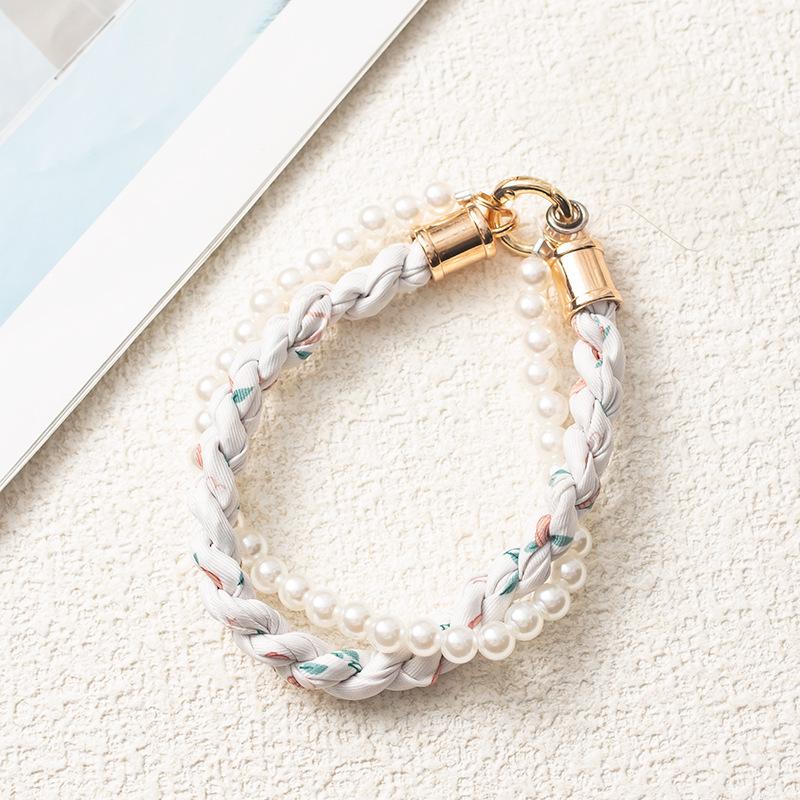 Douyin-Style Pearl Phone Lanyard with Silk Scarf Strap & Pendant