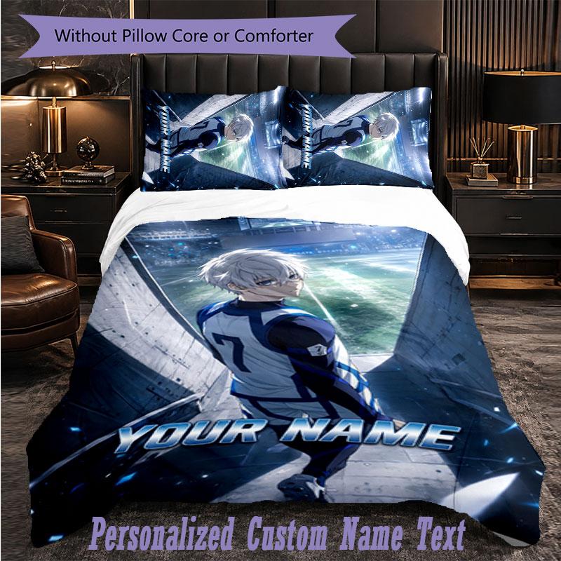 Personalized 3Pcs Bedding SetBlue Lock Custom Text Duvet Cover Pillowcase Set Bedroom Gift
