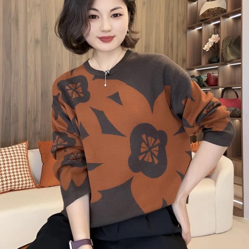 Свитер жаккардовой вязки с круглым вырезом большого размера - Длинный рукав, Свободный и стройнящий, Осенне-зимняя мода.