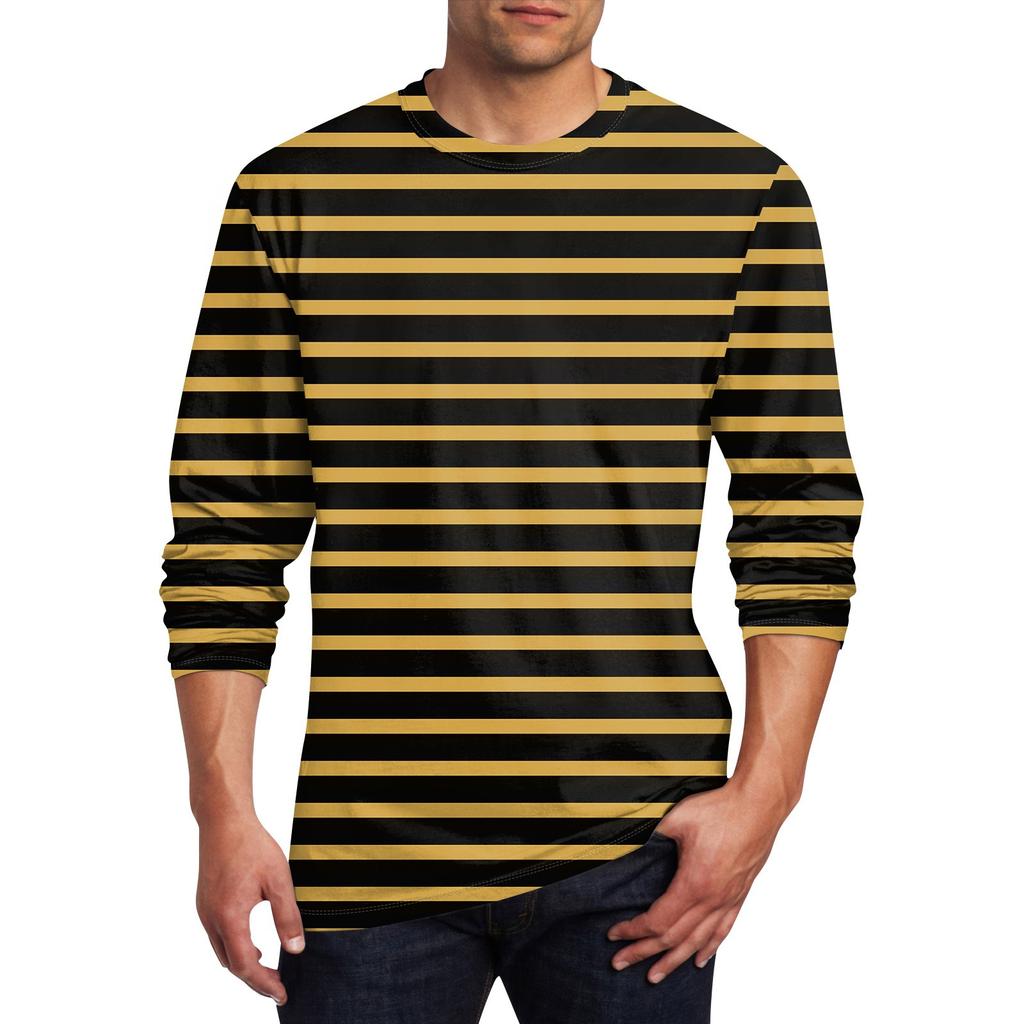 Spring and Autumn Round Neck 3D Printed Striped T-shirts Fashionable Casual Long Sleeved Men's T-shirts