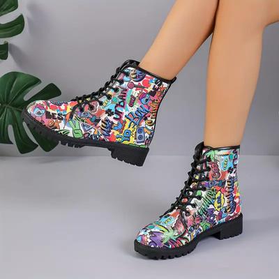 Женские ботинки с принтом граффити, модные ботинки на шнуровке, повседневные универсальные ботинки