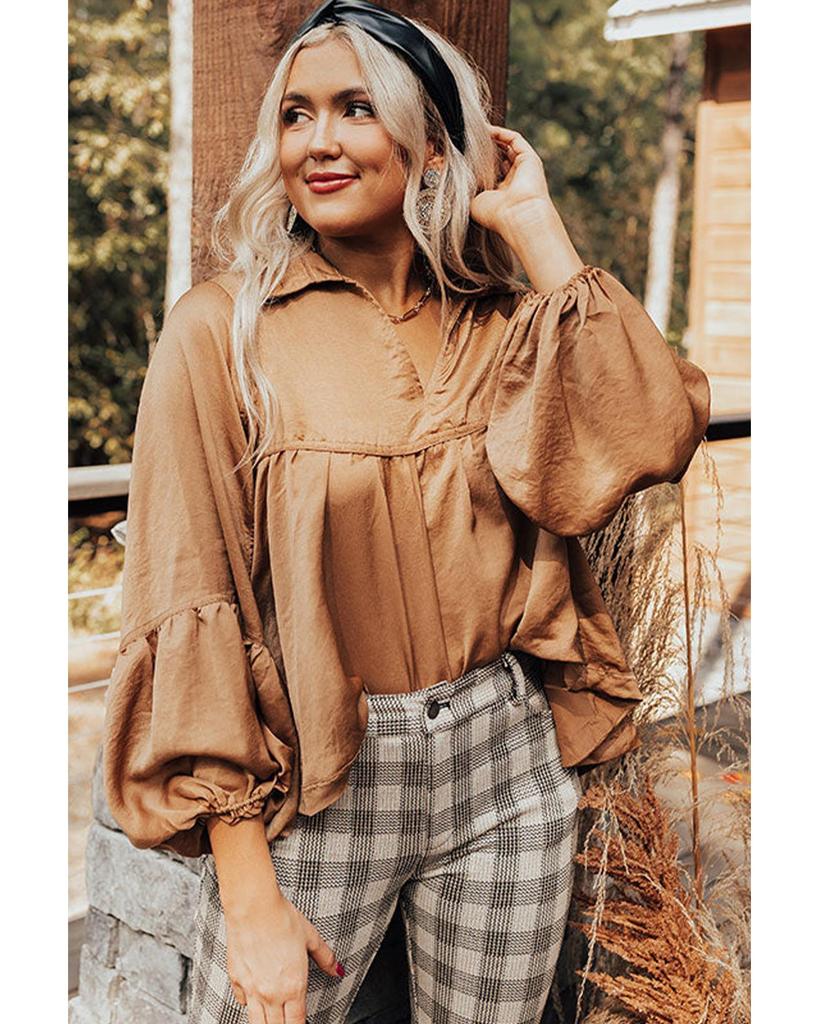 Azura Exchange Brown Puff Sleeve Collared Pleated Babydoll Blouse