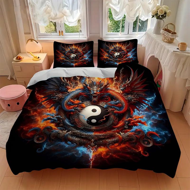 3pcs Flaming Dragon Yin Yang Bedding Set - 1 Soft Quilt Cover + 2 Pillowcases, Machine Washable - Suitable