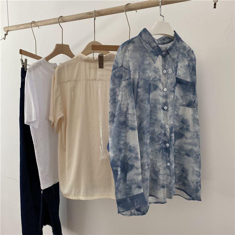Printing Ink Tie Dye Pocket Single-breasted Blouse Women New Classic Long Sleeve Polo Collar Temperament Office Autumn Shirt