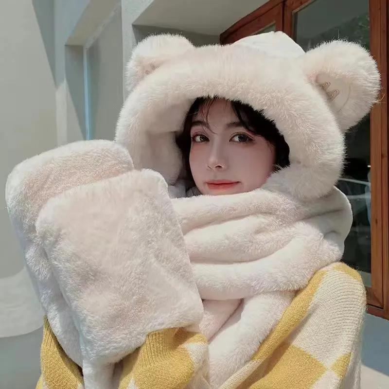 WTEMPO Solid Color Furry Plush Cute Ear Decor Gloves Scarf Hats Cold-proof Windproof Warm Autumn Winter Casual Verstaile Hats