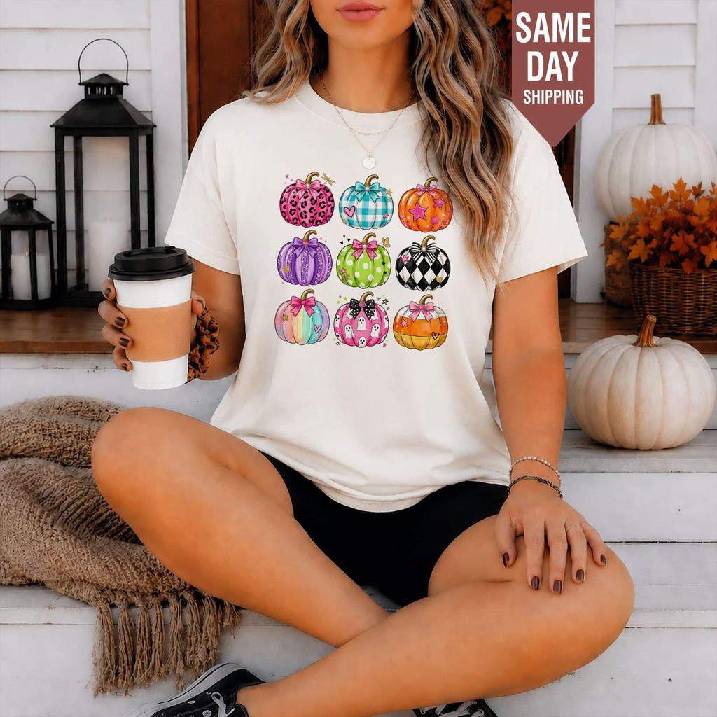 Coquette Pumpkin Halloween Shirt, Colorful Bow Pumpkin Grid Tee, Cute Bright Fall Halloween Shirt, Spooky Season Tee, Trick or Treat T Shirt