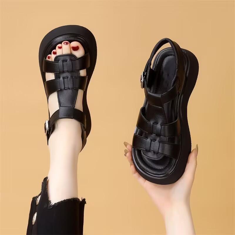 Настоящая мягкая кожа платформа обувь для внешней торговли римские сандалии женские подошва маффин полые нескользящая мягкая подошва слово повседневные пляжные туфли женские