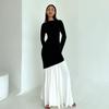 Women's Autumn and Winter Temperament Solid Color Round Neck Long Sleeve Black and White Patchwork Ruffled Slim Dress