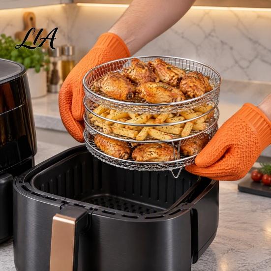Heat Resistant Air Fryer Insert Stackable Rack, 304 Stainless Steel Multi-Layer Grill Stand with Fine Oil Draining Racks Mesh, 3 Shapes