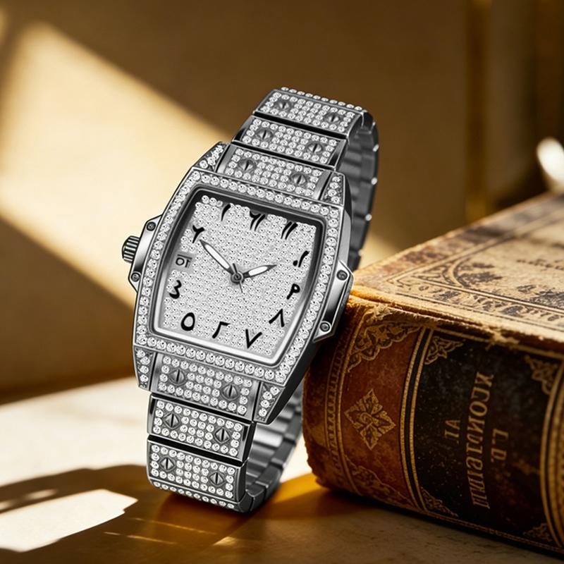 Womens Diamond Watch Tonneau Barrel-Shaped Luxury Quartz Wristwatch Bling Crystal Dress Watch Arabic Numerals Waterproof