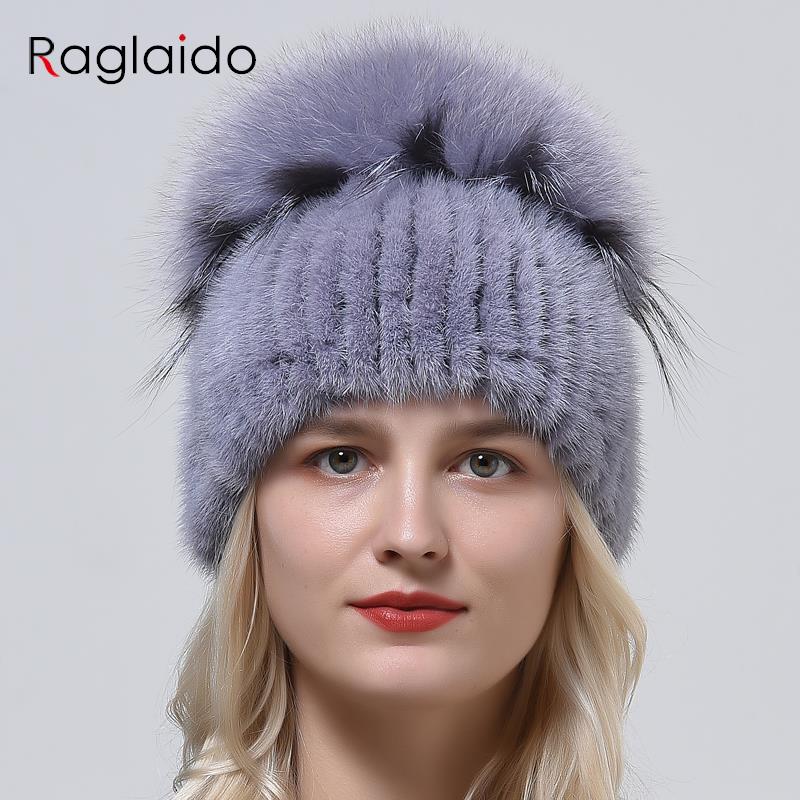 Шапка из 100% натурального натурального меха, женская уличная вязаная шапка из норки, эластичная пушистая шапка из лисьего меха, шапка-бини с помпоном, женский топ, роскошная теплая шапка