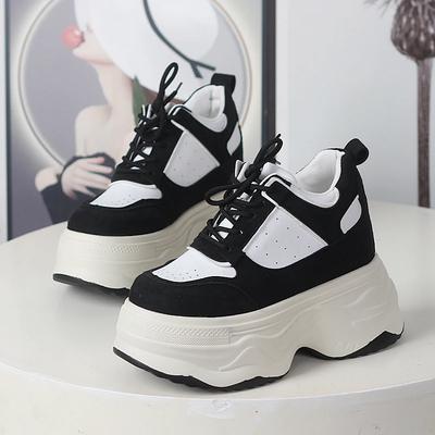 Мода 12 см Микрофибра Синтетическая кожа Вулканизированные Массивные Кроссовки Платформа Танкетка Осень Весна Ботильоны до щиколотки Женские Вулканизированные