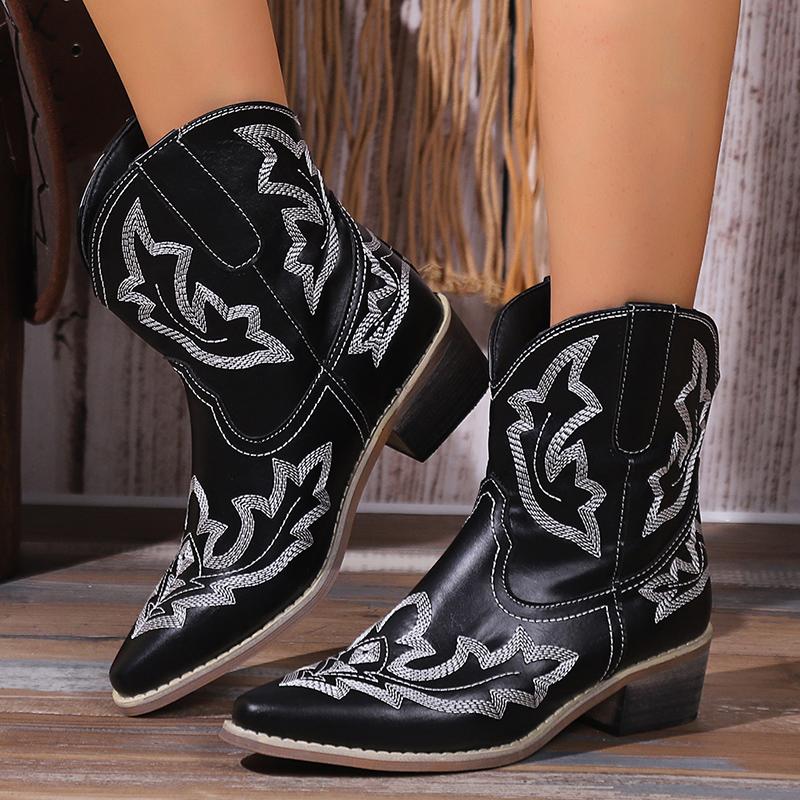 Женские ковбойские сапоги с острым носком, очень массивные каблуки, вышитые ковбойские сапоги, женские ботинки с V-образным вырезом и широкими щиколотками