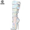 Сапоги до колена. Балетные сапоги на очень высоком каблуке 7 дюймов. Голографические цветные сексуальные сапоги с замком.