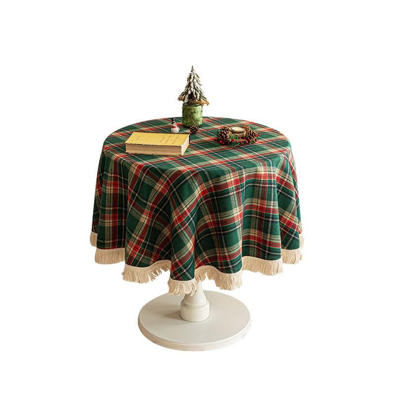 Christmas Checkered Round Fringe Tablecloth Classic Red Green Plaid Vintage Party Table Decor