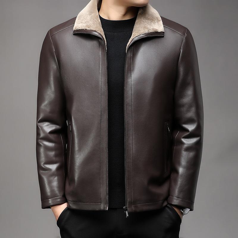 New Leather Jacket for Men with Velvet and Thickening for Middle-aged and Old Men with Fur Integrated Winter Daddy Lapel Warm Leather Jacket