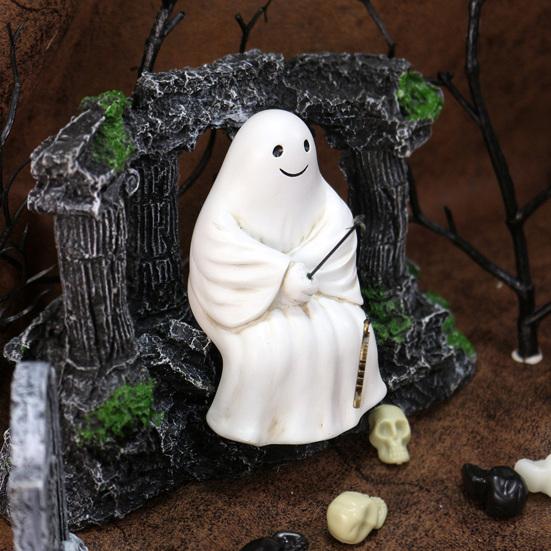 Хэллоуин Скульптура Синтетическая смола Скелет Рыбак Статуя Мини Привидение Рыбалка Пруд Садовое украшение