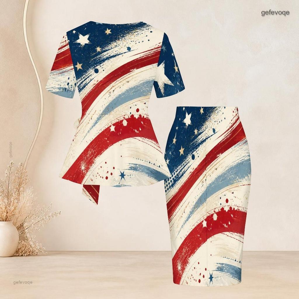 Women Plus Size Round Neck Short Sleeve Printed Tie Waist Top And Fitted Skirt Two Piece Set