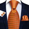 Mens Silk Tie Orange Plaids&Checks Necktie Handkerchief Cufflinks Set for Wedding Business