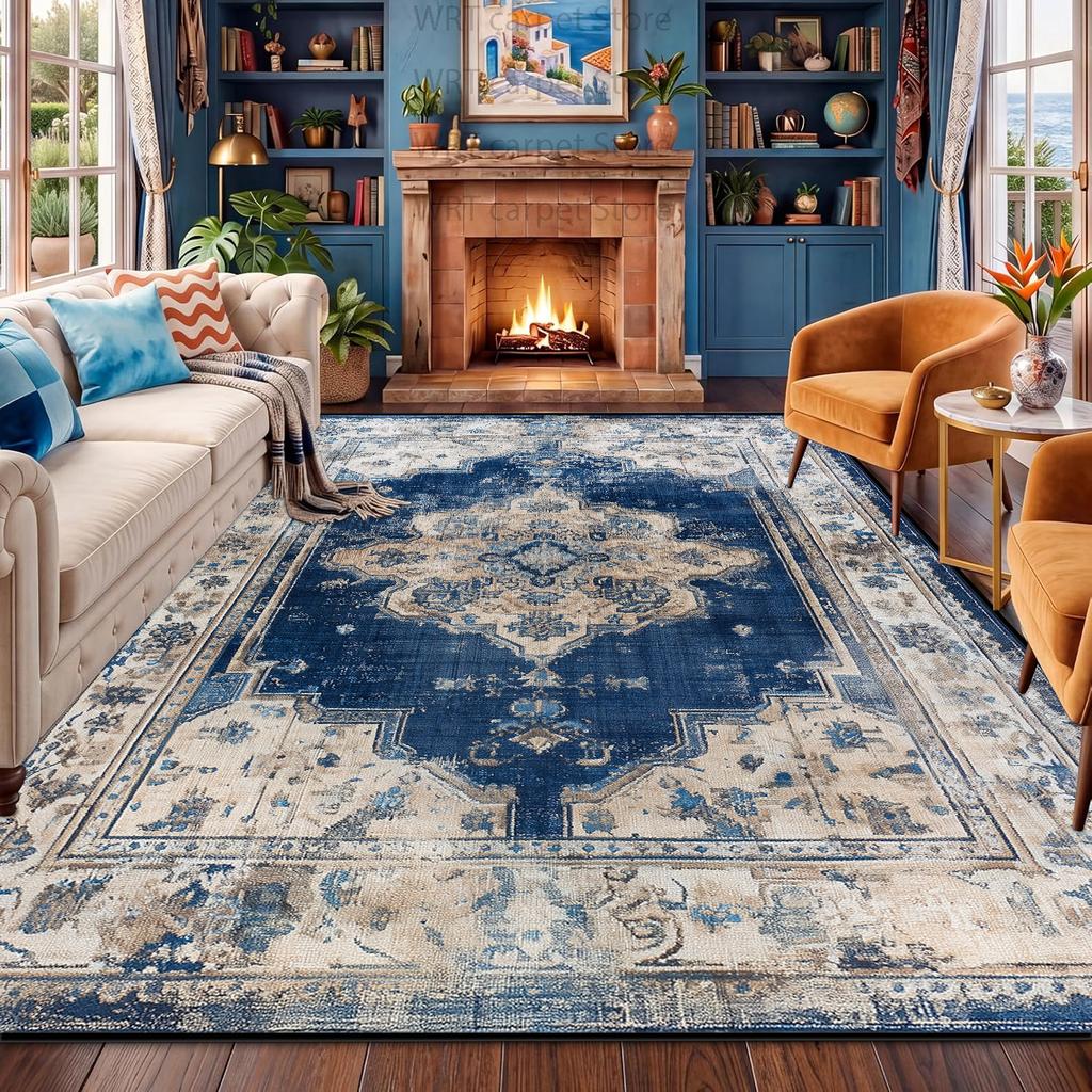 Persian-style Blue Living Room Carpet Retro Ethnic Non-slip Washable Bedroom Decoration Rug Home Dining Room Area Plush Foot Mat