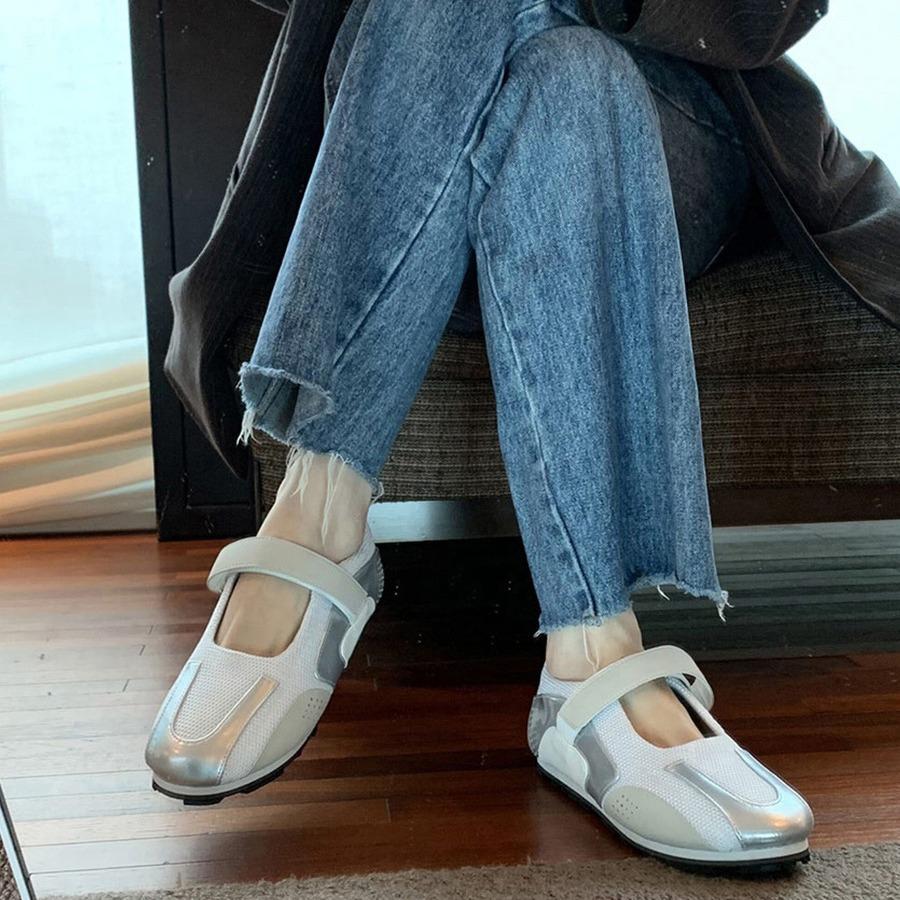 Кожаные корейские нишевые серебристые балетки Мэри Джейн на плоской подошве, повседневные кроссовки на липучке, белая женская обувь