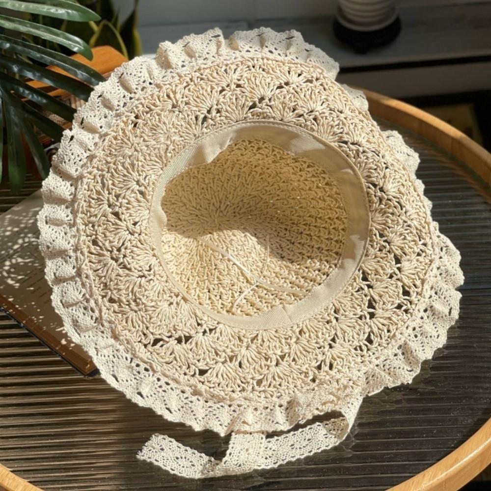 Lace Trim Sun Hat Wide-Brimmed Beach Cap Breathable Bucket Hat Travel