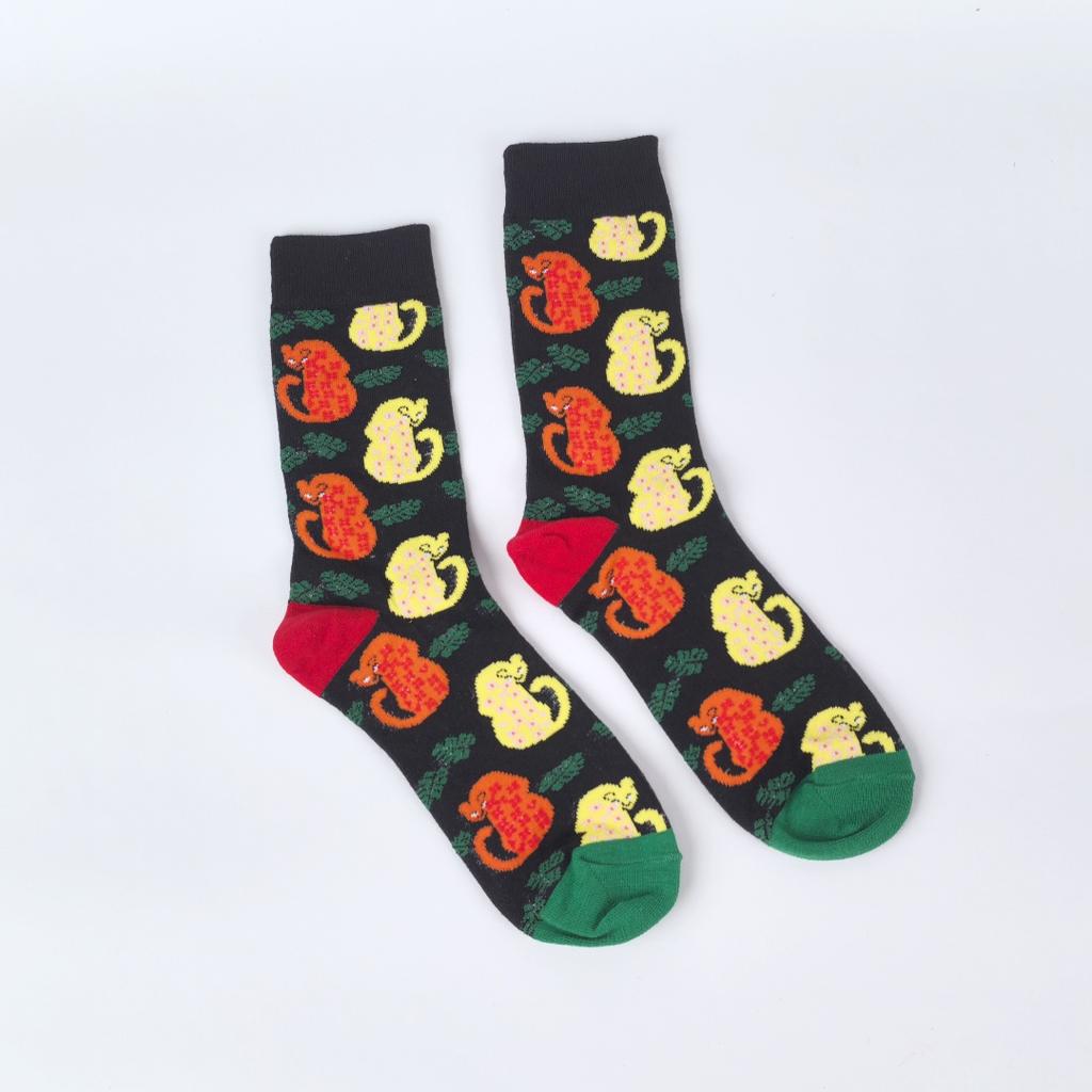 1 Pair Animal Collection Wolf and Leopard Pattern Men's Mid Calf Socks Trendy Street Fashion Suit In All Seasons Wearing