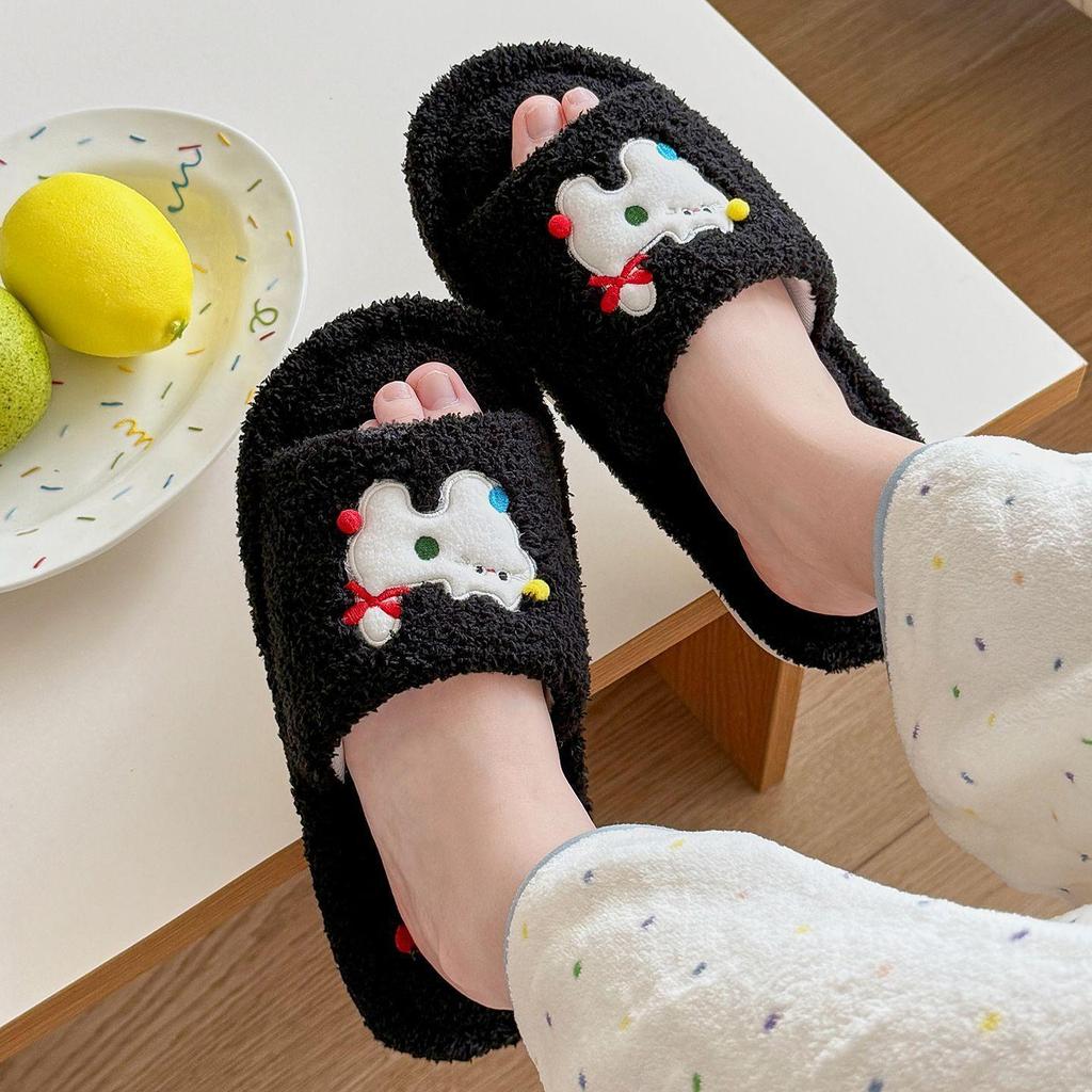 Women's Furry Open-Toe Cotton Slippers - Cute Cartoon Design for Autumn & Winter