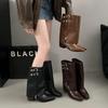 Женская обувь 2025 Высокое качество Рукав Женские ботинки Осень Острый носок Однотонные Высокий голенище Массивный каблук Ботинки большого размера