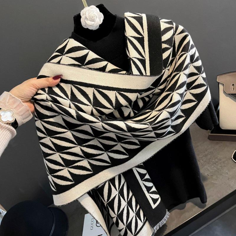 Thickened Shawl Women's Outer Cover Abstract Geometric Imitation Cashmere Shawl Scarf Dual-purpose Winter Warm Women's Scarf Double-sided