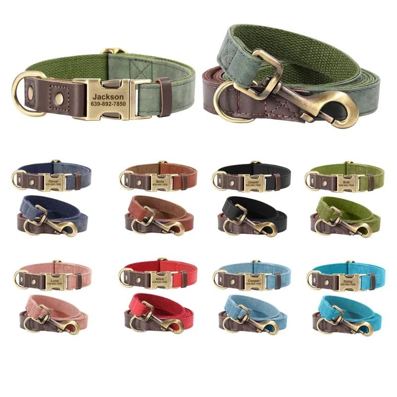 Personalized Leather Dog Collar and Leash Set Custom Engraved Nameplate ID Tag for Small Medium Large Dogs