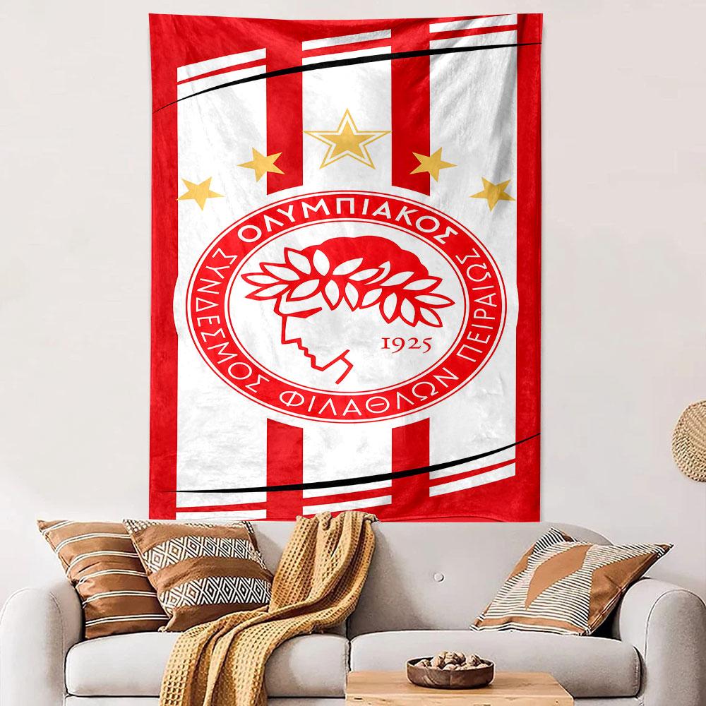 Olympiacos Red and White Logo Design Patterned Tapestry Decorative Wall Hanging, Home Bedroom Living Room Decor