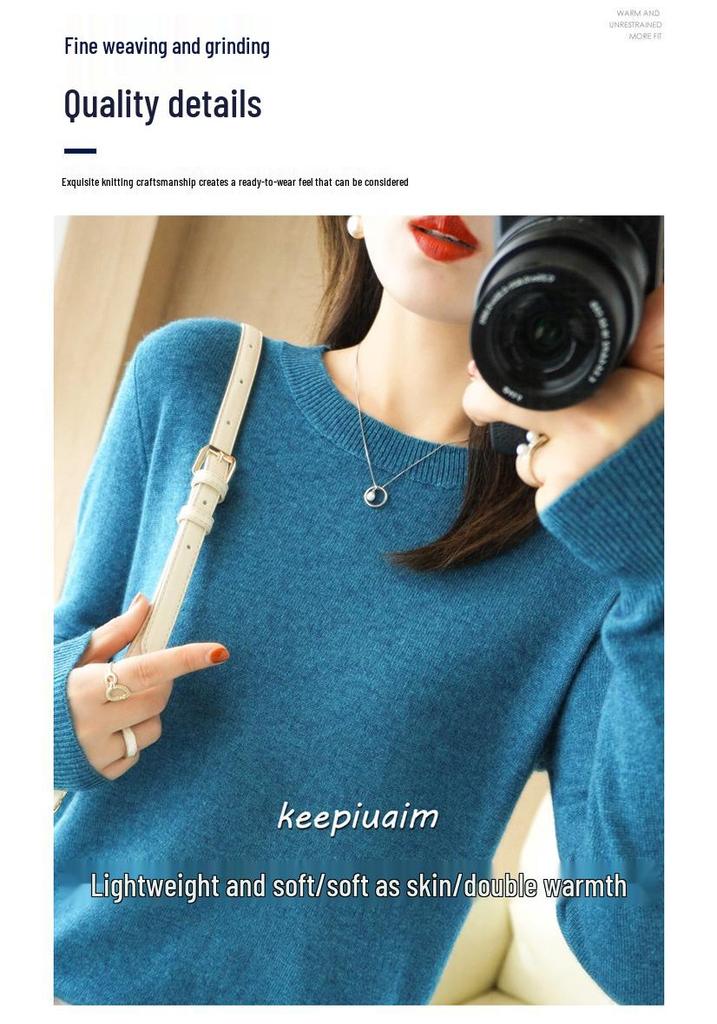 Women's Round Neck Sweater: Solid Color Knit Pullover for Autumn/Winter, Long Sleeve, Lightweight and Short.