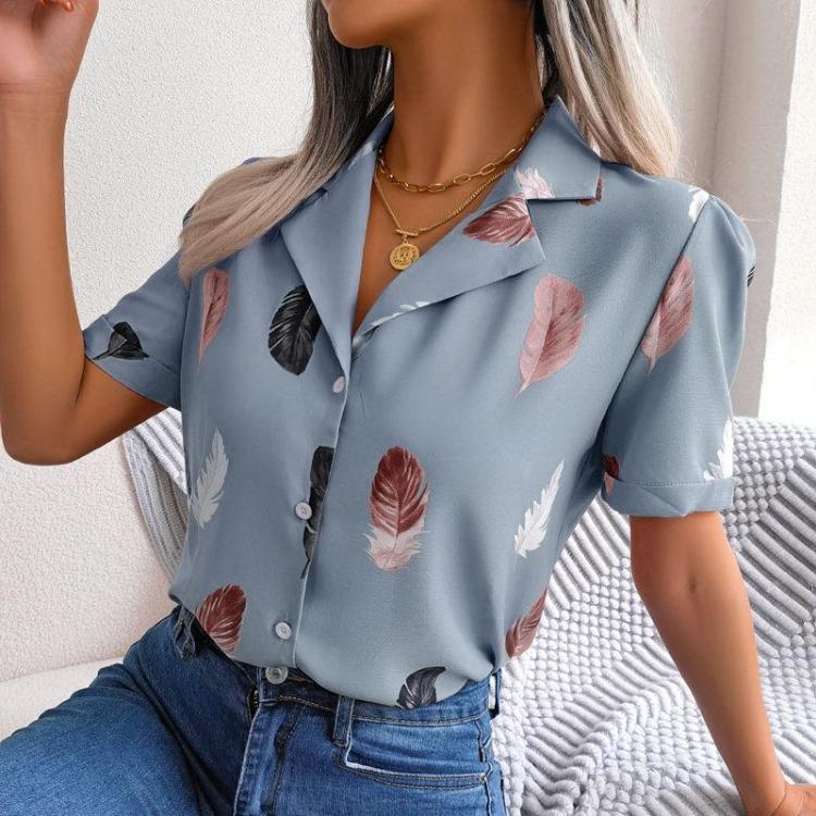 Women's Summer Casual Loose Feather Collar Short Sleeve Blouse Top All Match Shirt Suit