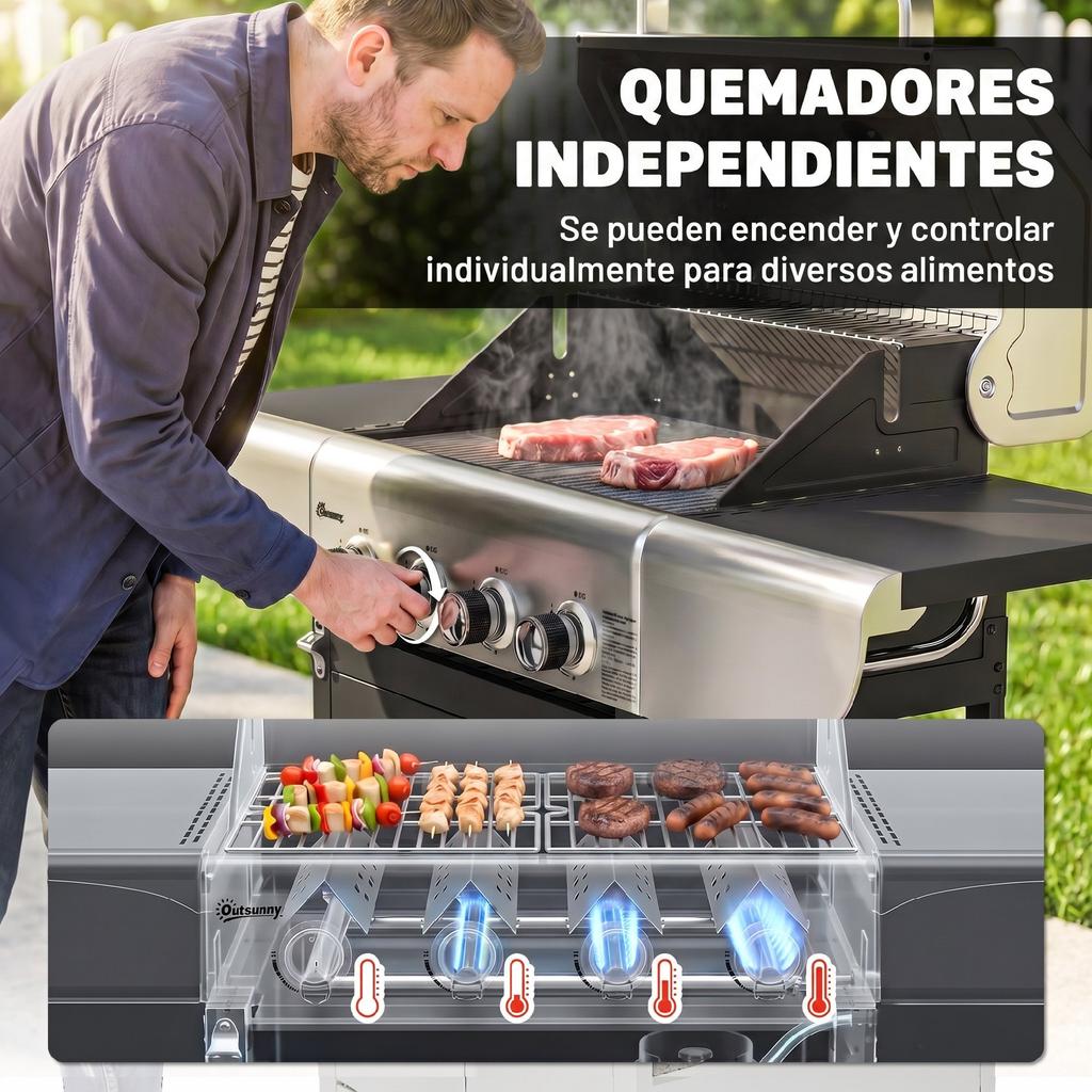 Gas Barbecue With 4 Burners 12.8 Kw Thermometer Cast Iron Grills Side Tables Cabinet And Wheels Black