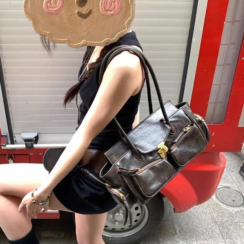 Yogodlns Винтажная сумка подмышку для девочки Универсальная сумка Многокарманная мотоциклетная сумка Роскошная дизайнерская сумка Кожаная сумка на ремешке-спагетти