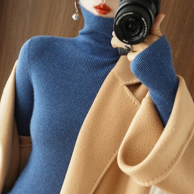 Женский осенне-зимний трикотажный свитер с высоким воротником, облегающий, базовый слой, конфетного цвета, трикотаж для ношения под одеждой