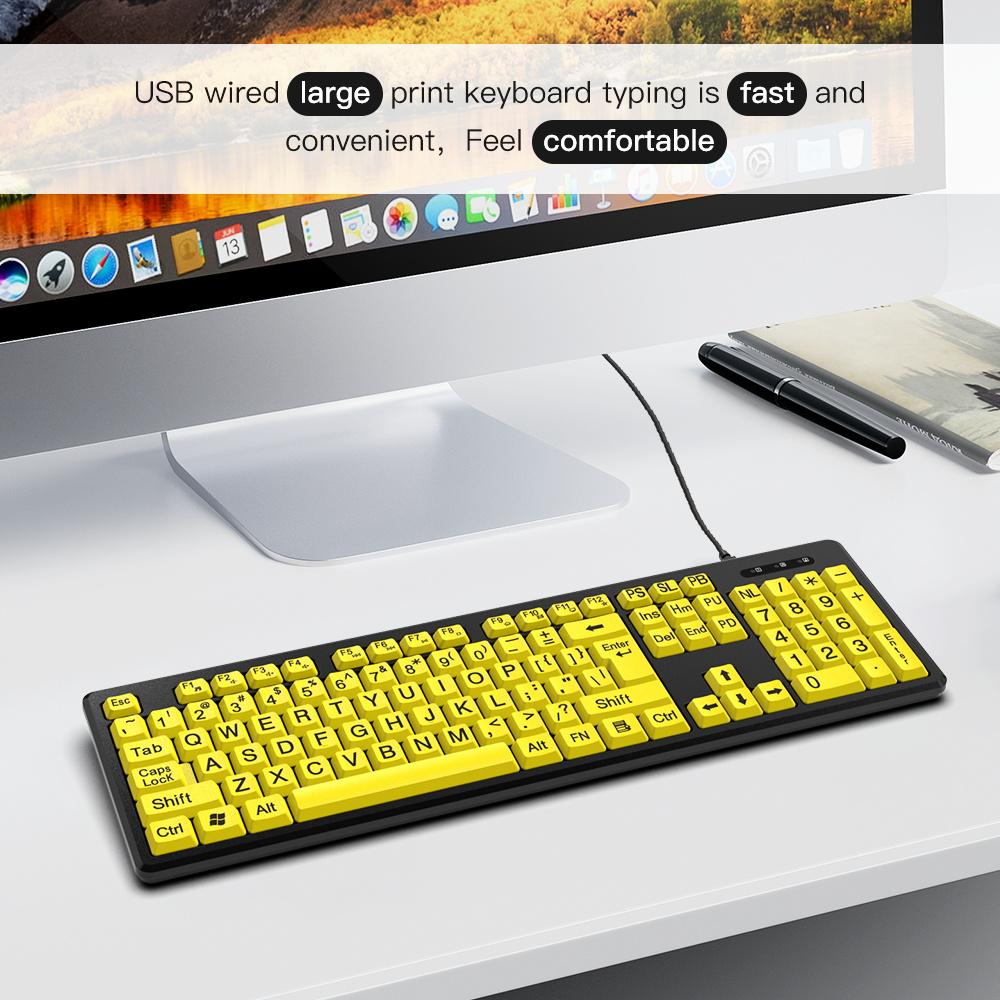 USB-клавиатура с крупным шрифтом, желтые клавиши, высокая контрастность для пожилых людей и людей с нарушениями зрения, с четкими буквами и большими клавишами