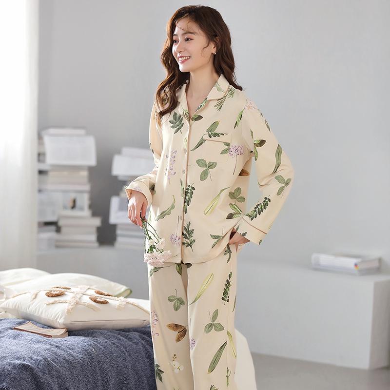 Женский хлопковый пижамный комплект - С длинным рукавом, Длинные брюки, Повседневный тонкий кардиган, Весенне-осенняя одежда