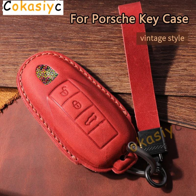AABKR1 Leather Car Key Case Cover For Porsche Macan 911 Panamera Cayenne 2018 Replacement Boxster 986 987 981 Remote Fob Shell Keychain