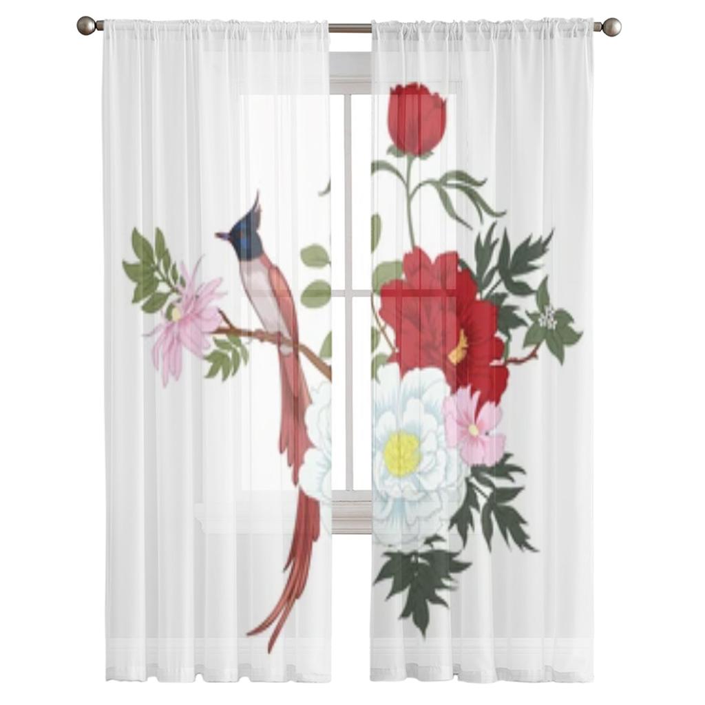 Прозрачные оконные шторы с пионами и птицами для гостиной, спальни, современная вуаль, тюлевые шторы, тканевые шторы для кухни