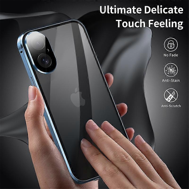 For iPhone 16 Plus Case Anti-Spy Double-Sided Tempered Glass+Magnetic Metal Frame Phone Cover - Blue