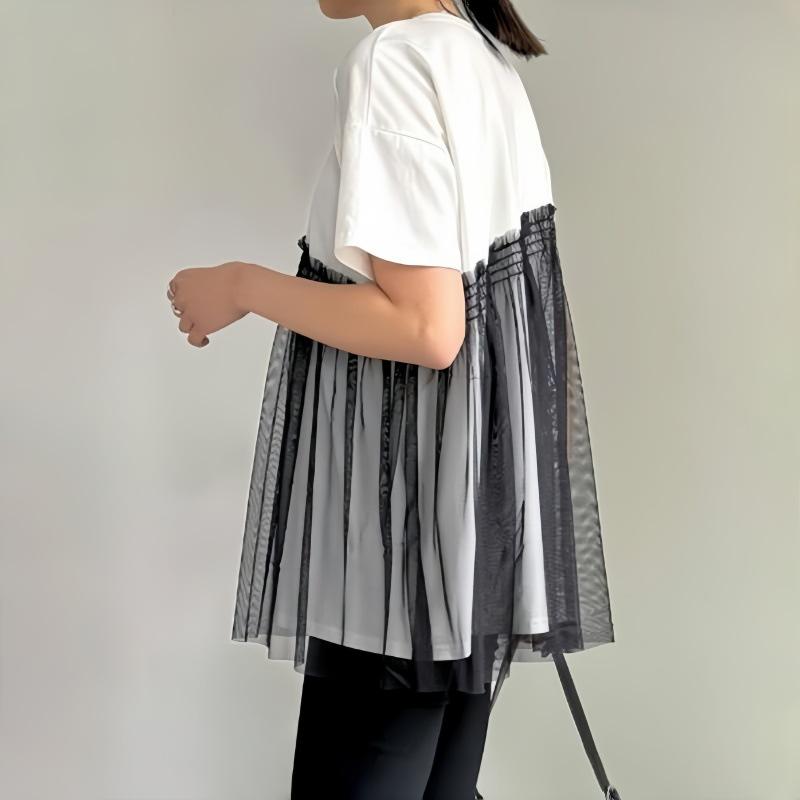 Хорошая ткань японский летний топ женский простой повседневный сетчатый сращивающийся короткий рукав круглый вырез пуловер футболка